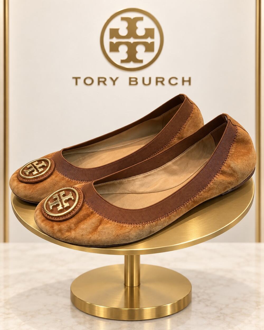 Tory Burch Caroline Brown Suede Gold Tan Logo Ballet Flats Women’s 7.5